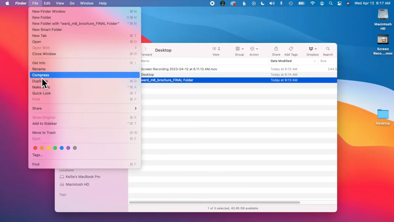 Option to compress a file on Mac.