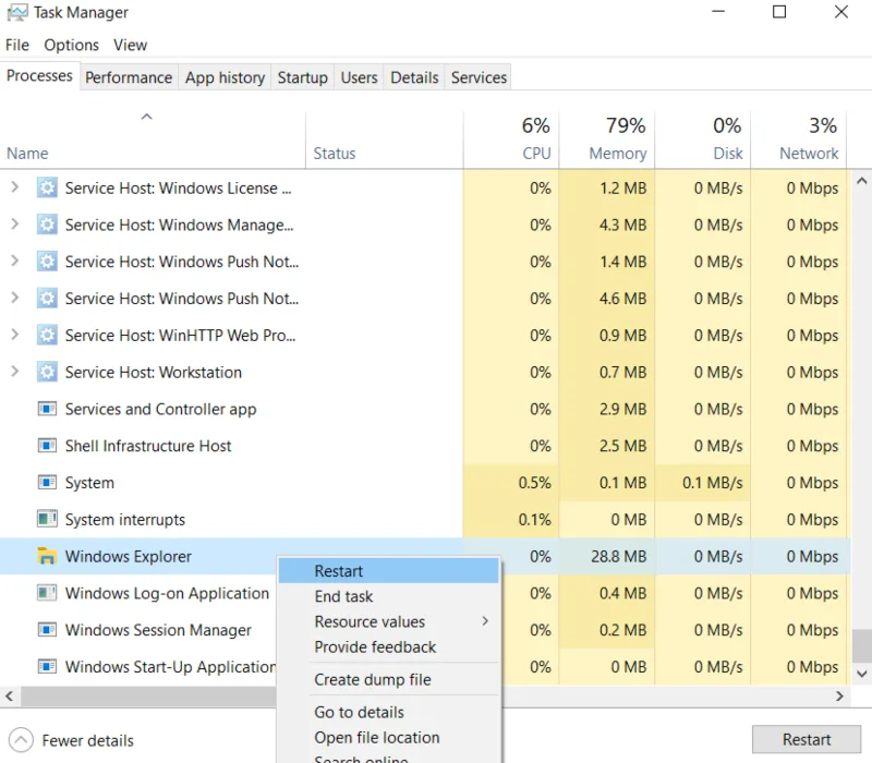 Image shows how to restart Windows Explorer.