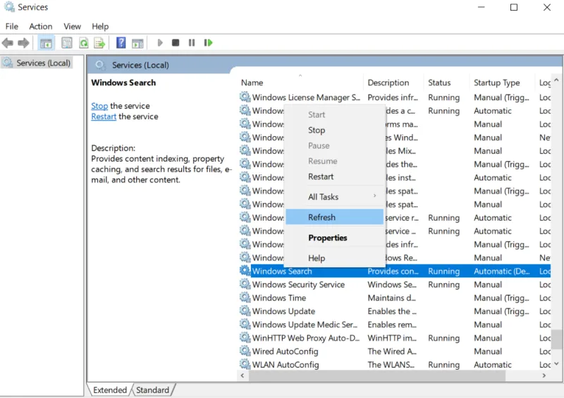 Image show how to restart Windows Search in services.msc.