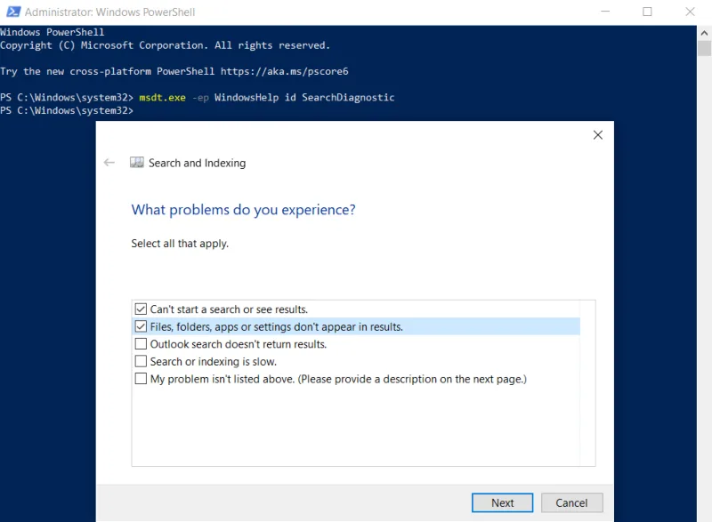 Windows Search troubleshooter pop-up via Powershell.