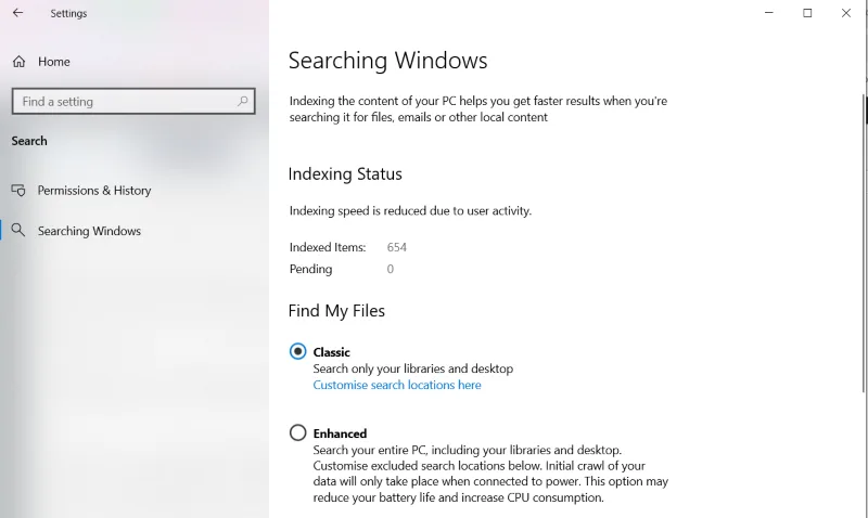 Searching Windows menu under Settings.