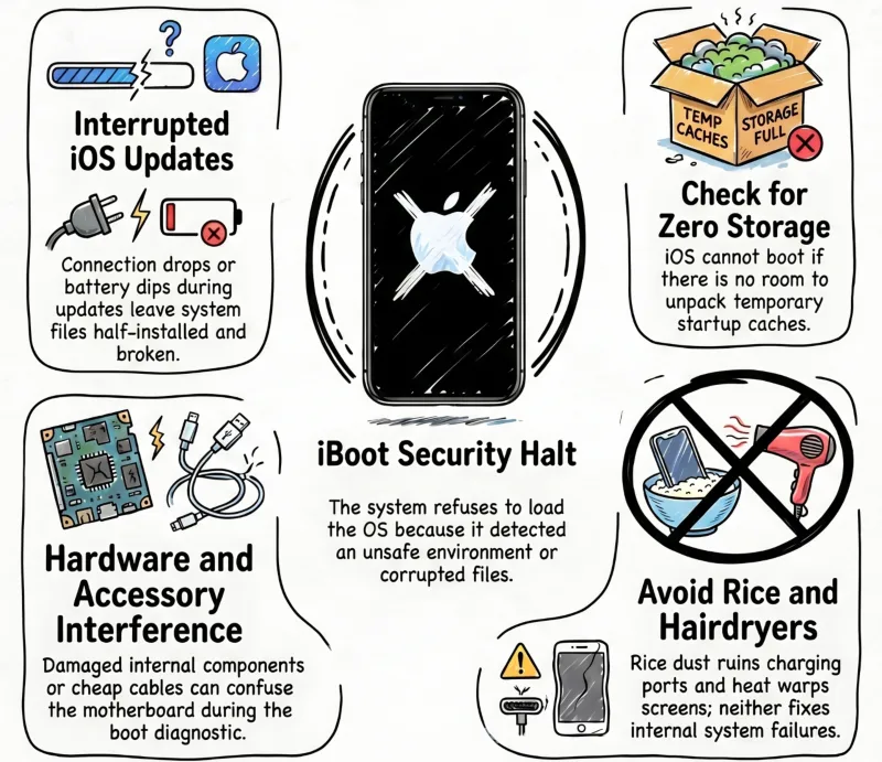 Reasons visually shown for iPhone startup logo stuck issues.
