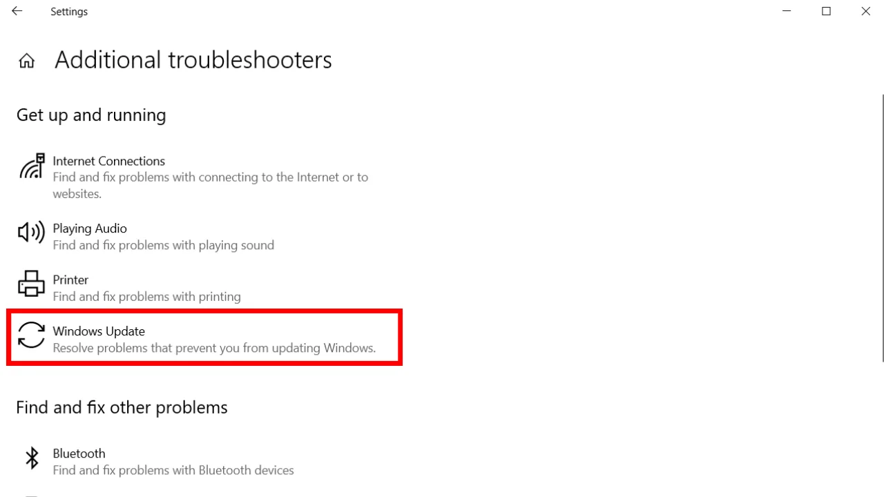 Windows 10 update troubleshooter screen
