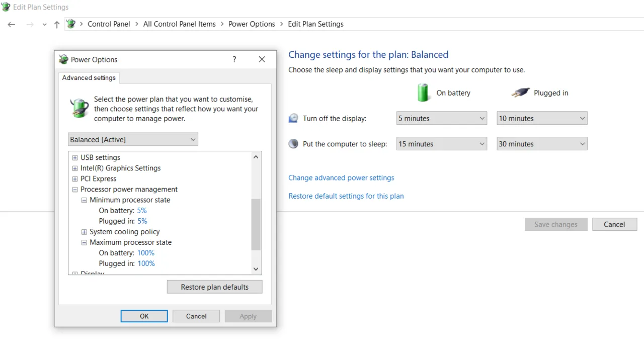 Windows Power Options settings showing High Performance plan with maximum processor state at 100%.