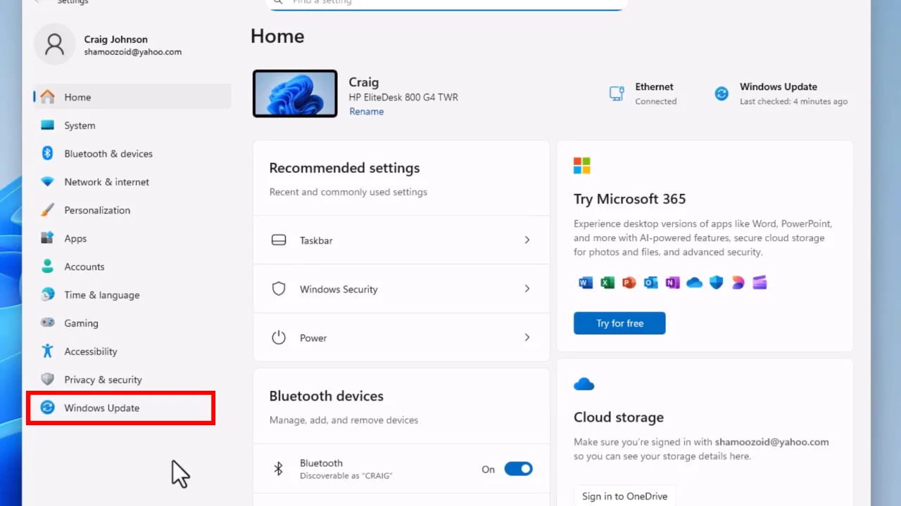 Windows update option marked on Win 11.
