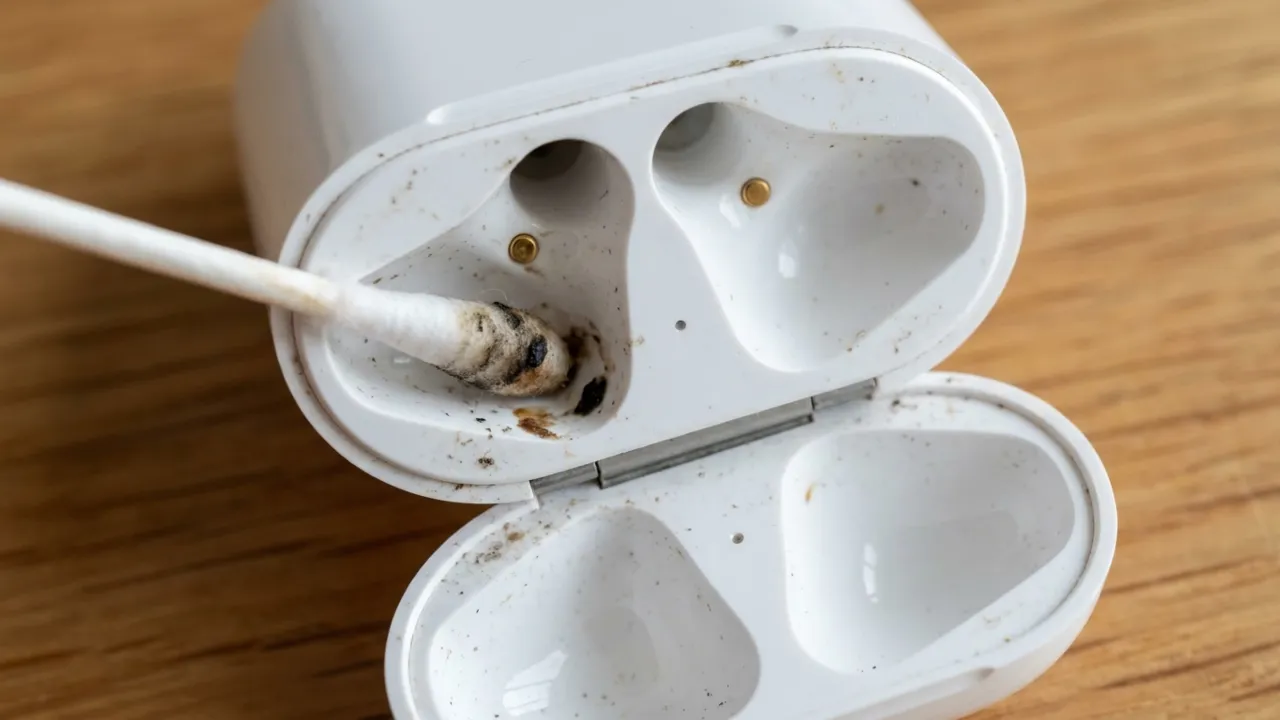 Cotton swab cleaning dirt from earbud charging case contacts and interior.