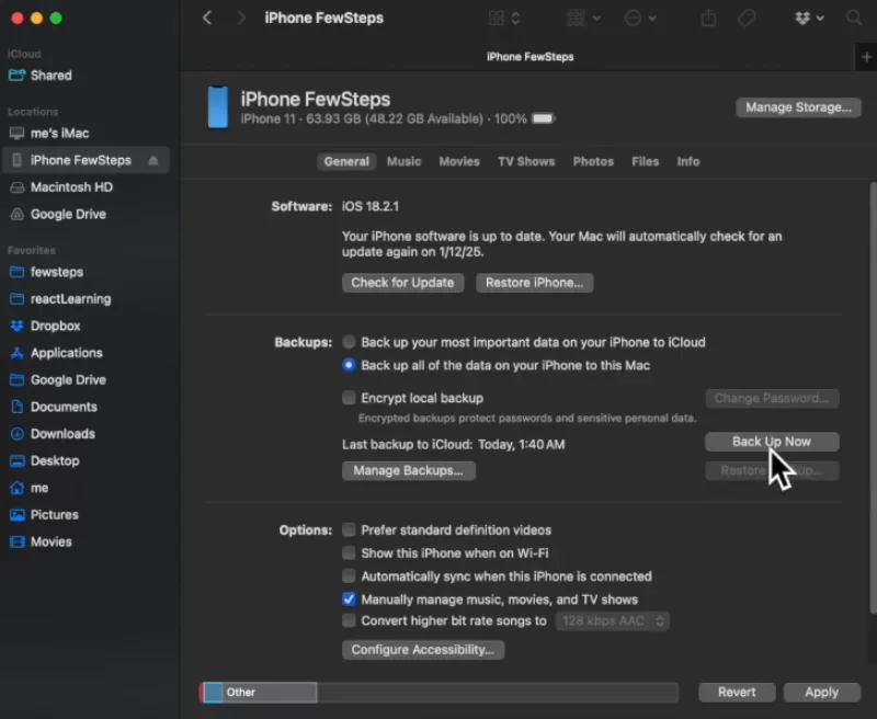 iPhone backup settings screen on Mac Finder with options to back up data to iCloud or this Mac, including a ‘Back Up Now’ button.