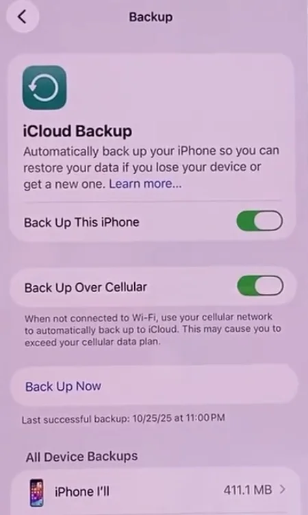 iPhone iCloud Backup settings screen showing options to back up the iPhone to iCloud, enable backup over cellular, and a ‘Back Up Now’ button with a list of device backups below.