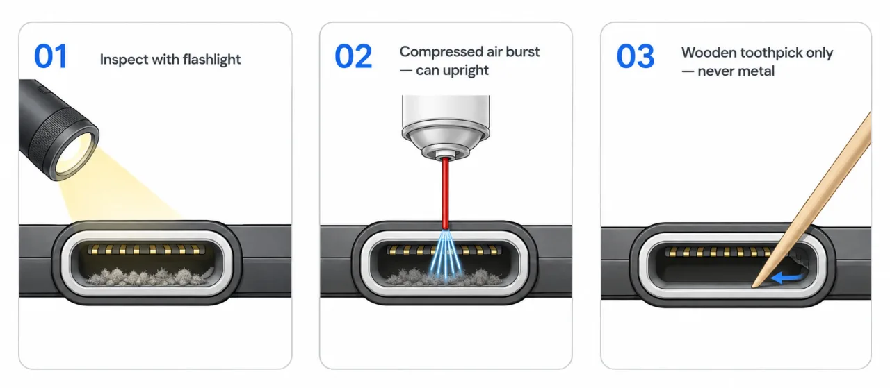 Three-step diagram showing how to safely clean Android USB-C charging port.
