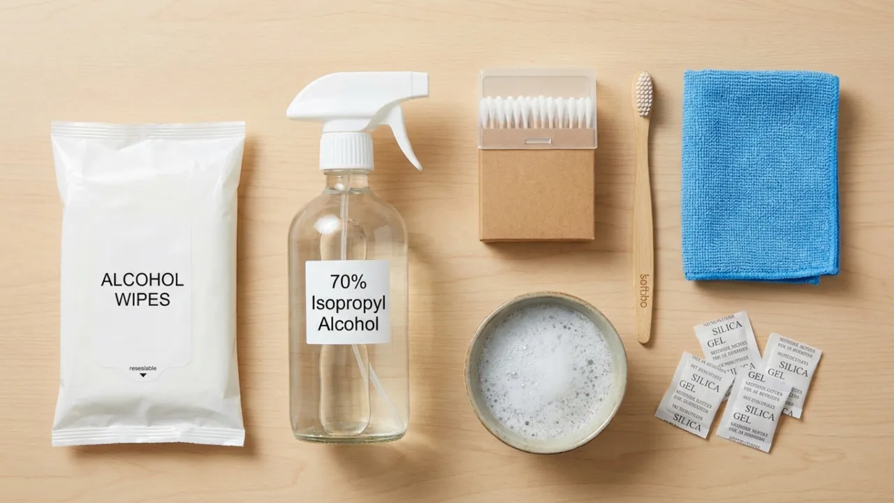 Earbud cleaning supplies including isopropyl alcohol wipes, cotton swabs, soft brush, and microfiber cloth.
