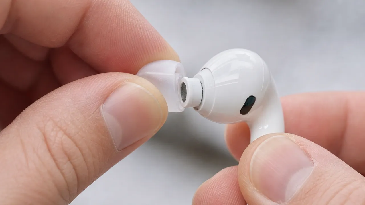 Hand removing silicone ear tip from wireless earbud.