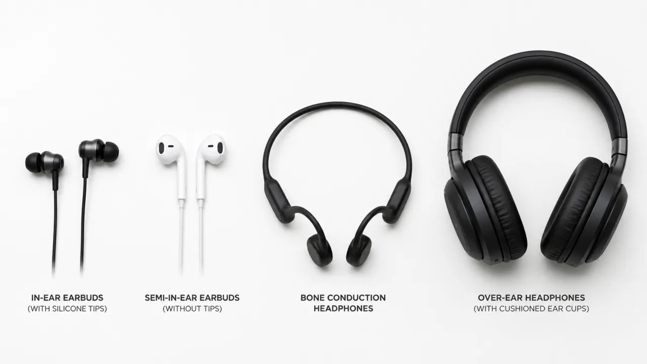 Four types of earbuds and headphones laid out showing in-ear, semi-in-ear, bone conduction, and over-ear designs.