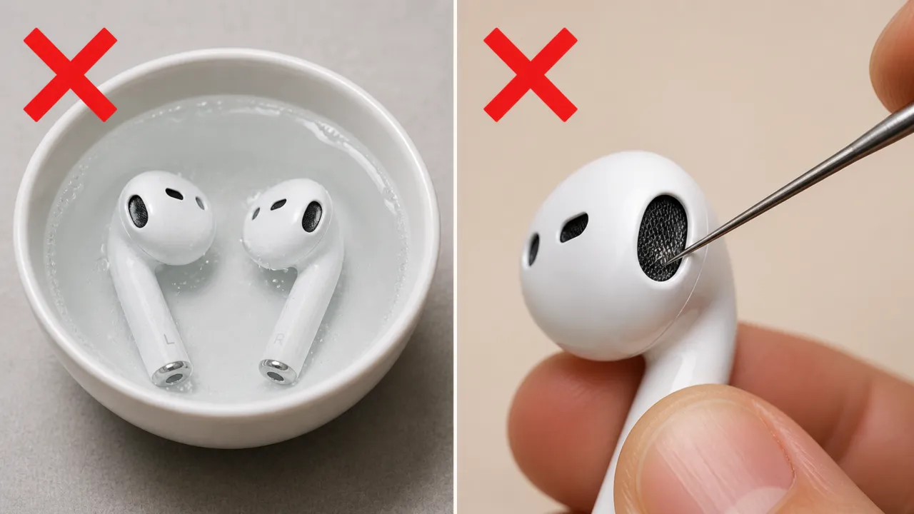 Red X mark over earbuds submerged in water and pierced with needle showing improper cleaning methods.