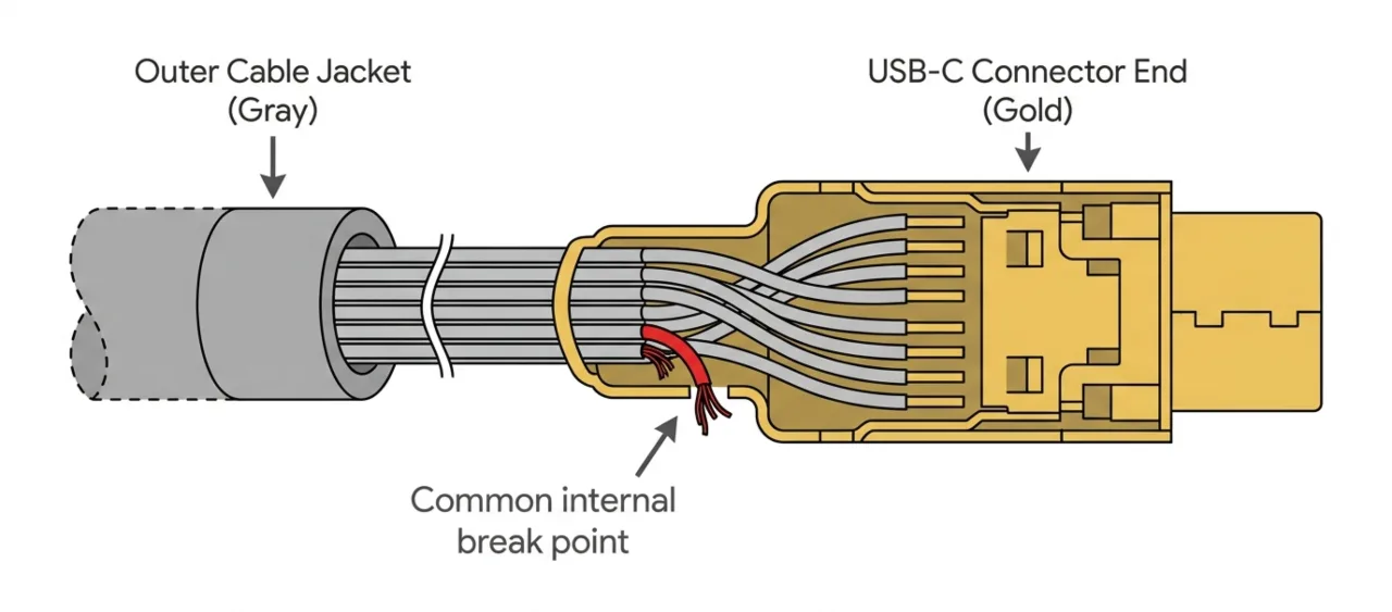 USB-C cable internal cross-section showing broken wire at connector bend.