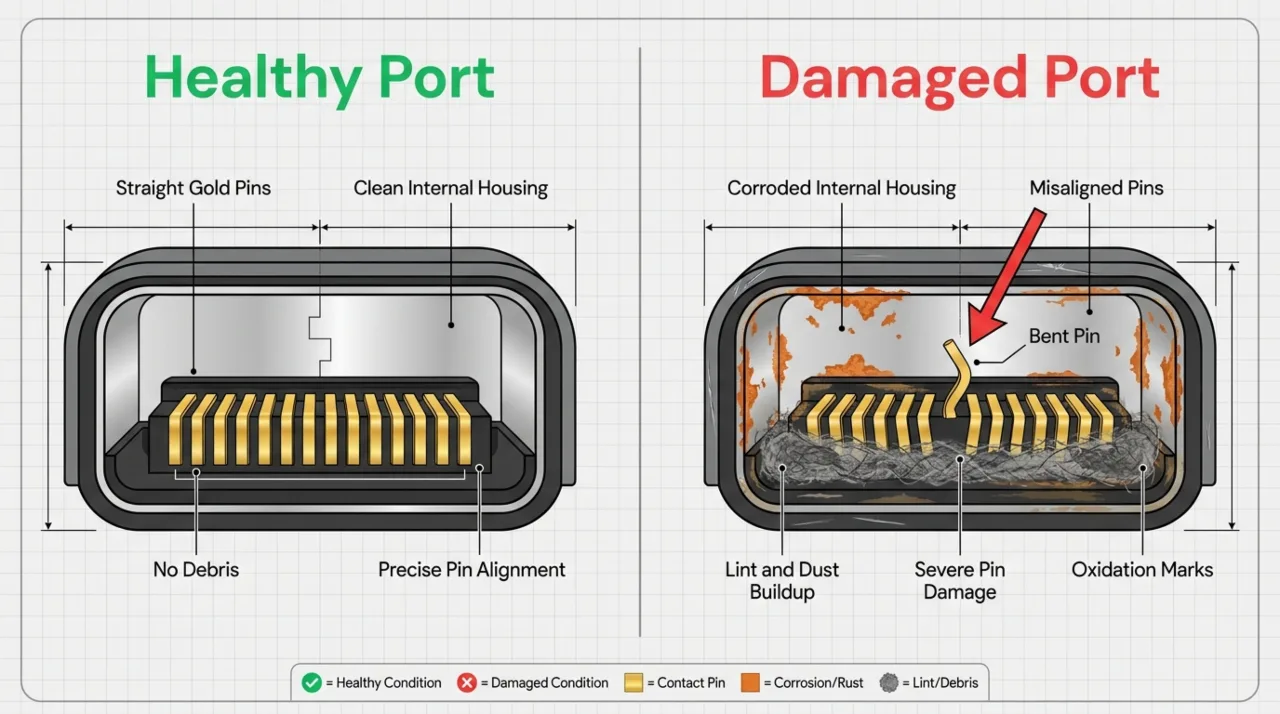 Side-by-side comparison of healthy USB-C port and damaged port with bent pins.