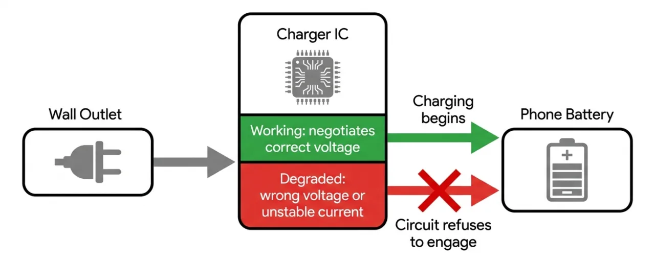 Diagram of how a working and degraded charger IC affects Android phone charging.
