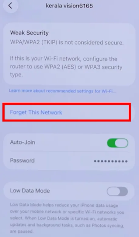 iPhone Wi-Fi network info screen showing Forget This Network option.