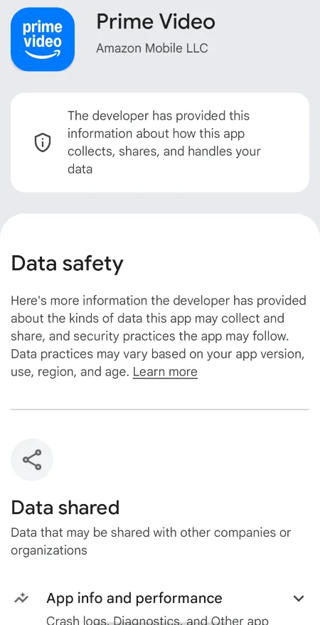Google play store app data safety screen.