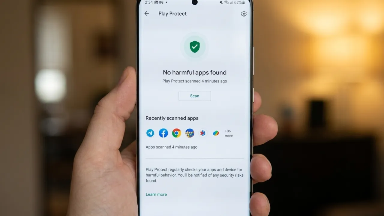 Google Play Protect scan screen showing no harmful apps found on Android device.
