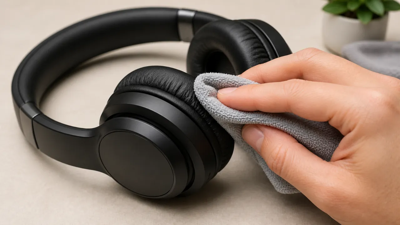 Cleaning headphones with microfiber cloth.