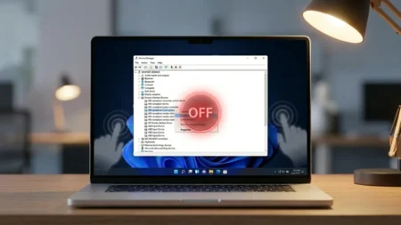 A laptop sitting on a wooden desk showing the Windows Device Manager on screen, featuring a prominent red circle with the word OFF over the touchscreen driver settings.