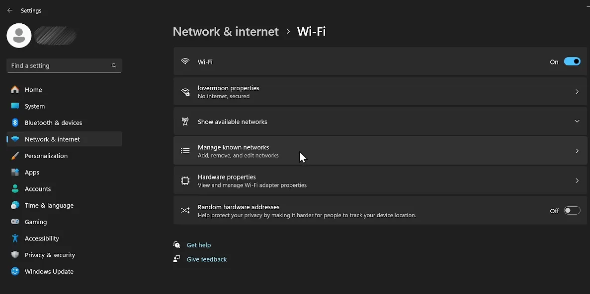 Manage known networks option in windows 11.