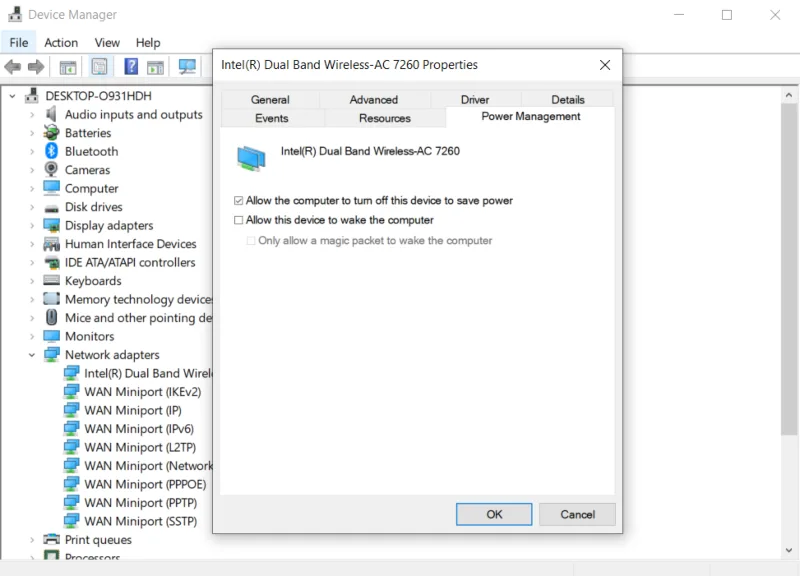 Network Power Management tab on Windows.