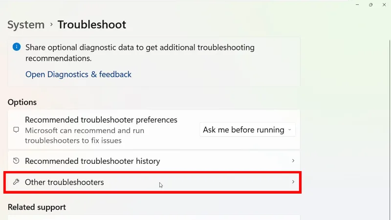 Other troubleshooters option marked in win 11 system section.