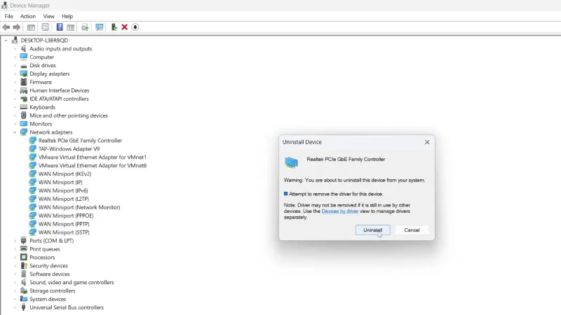 Uninstall Network Adapter Driver screen in Windows 11.