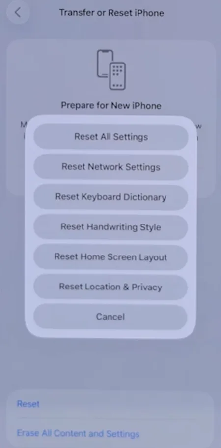iPhone Reset Network Settings button inside General settings.