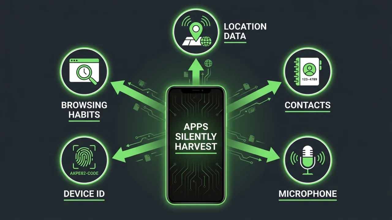 Image showing Android apps collecting user data including location, contacts, and device identifiers.