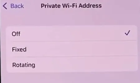 Private Wi-Fi Address turned off on iPhone.