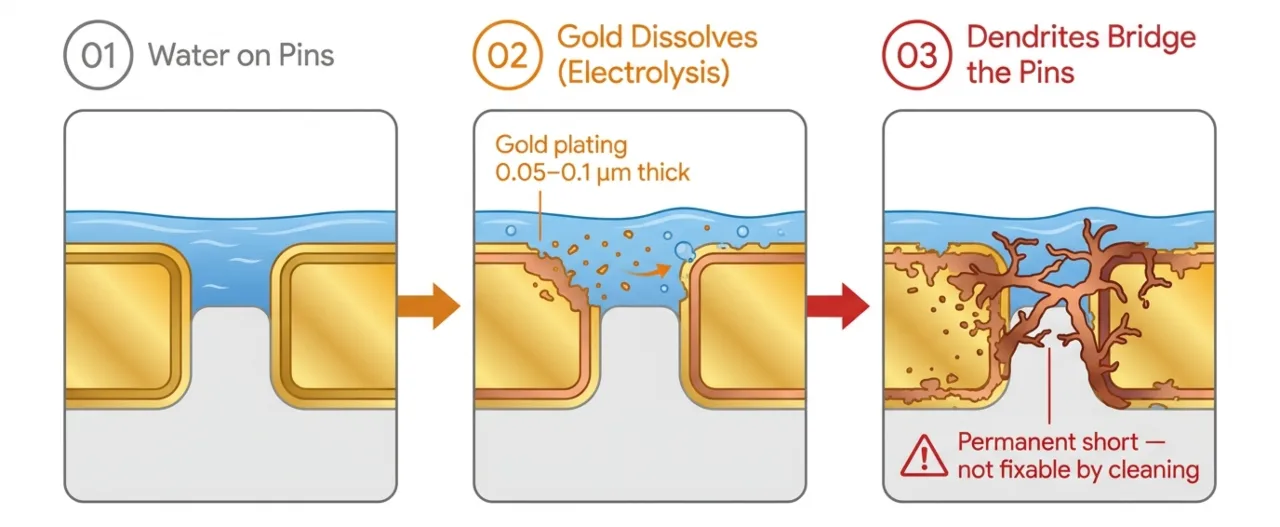 Three-stage diagram showing electrolysis and dendritic growth shorting USB-C pins after water exposure.