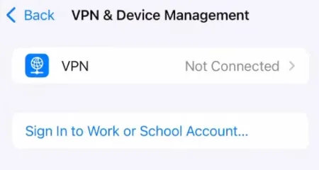 iPhone VPN & Device Management screen showing active VPN profile.