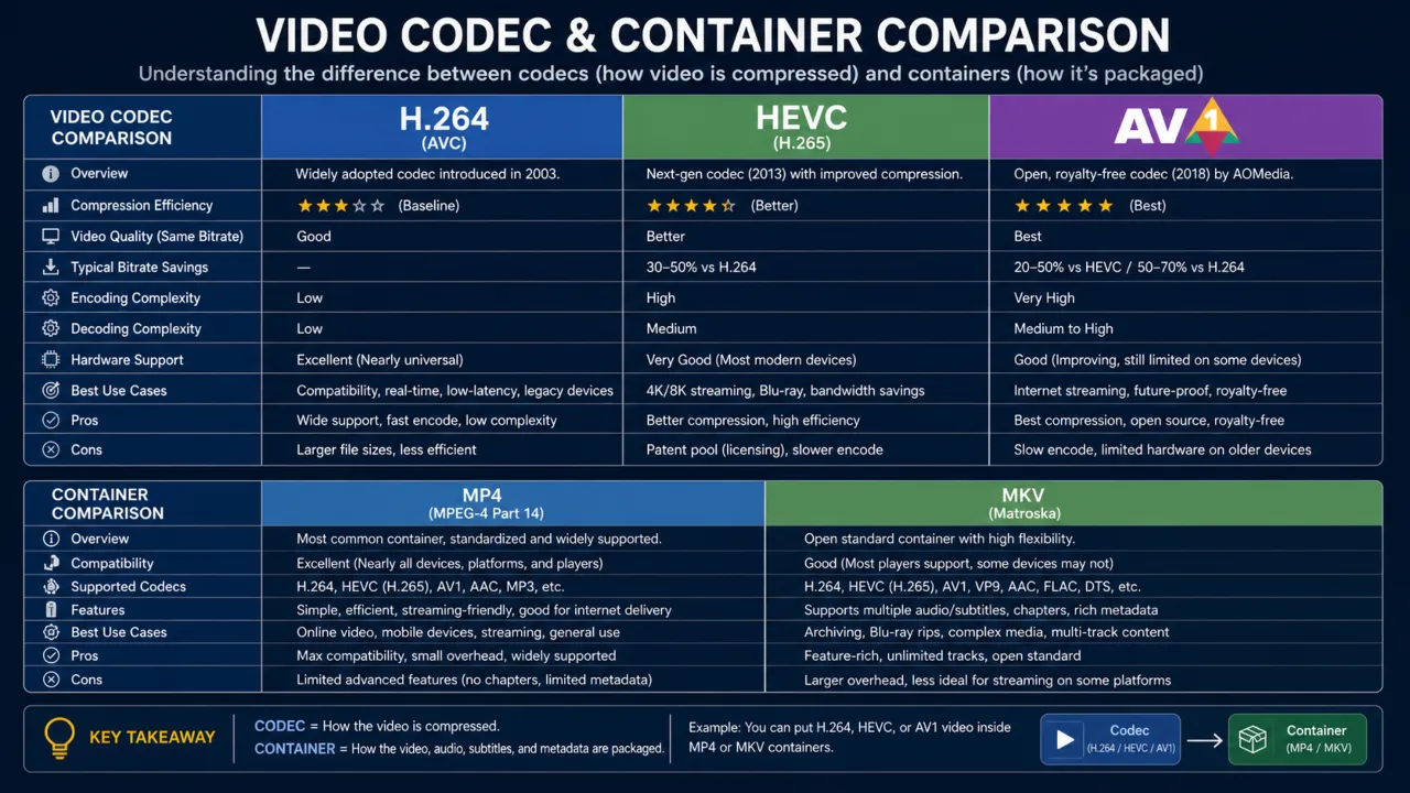 Video codec and container comparison chart.