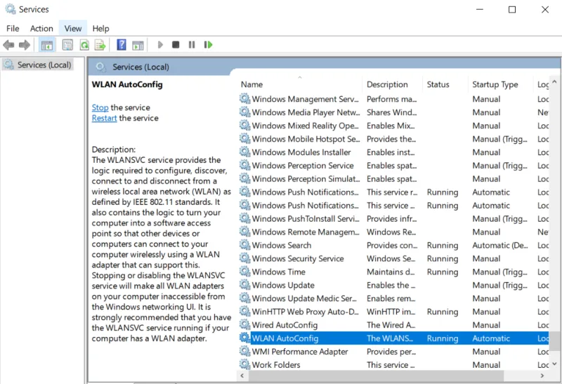 WLAN AutoConfig Service shown running and set to automatic on Windows.