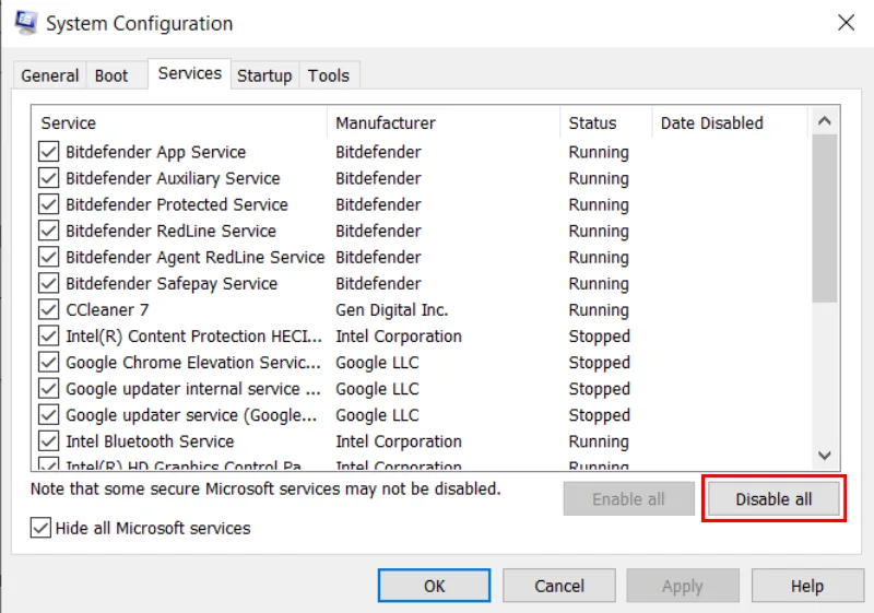 Clean boot windows - hide all Microsoft services option enabled shown.