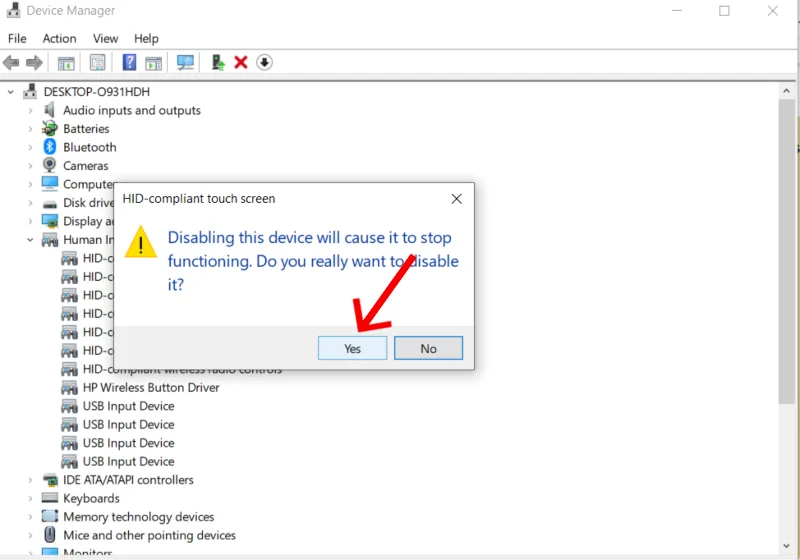 A screenshot of a Windows Device Manager confirmation dialog box stating that disabling the device will cause it to stop functioning, with a red arrow pointing directly to the Yes button.