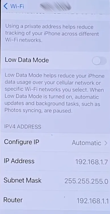 iPhone Wi-Fi Configure IP screen set to Manual with static IP values entered.