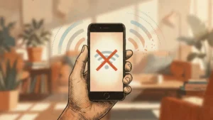 Illustration of hand holding iPhone with lost connection icon.