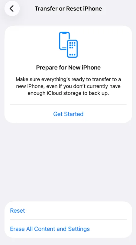 Transfer or Reset iPhone menu with the Erase All Content and Settings button at bottom.