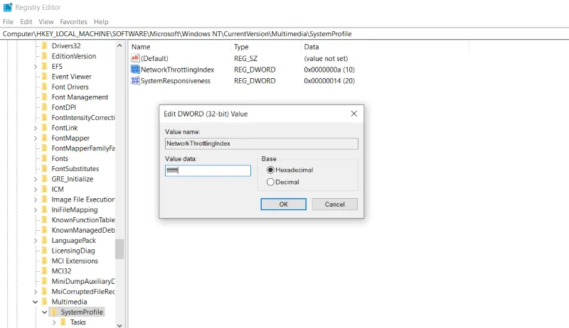 Regedit screen for network throttling on windows.