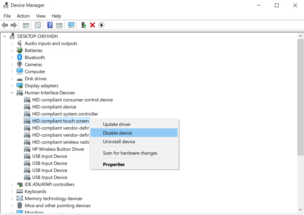 A screenshot of the Windows Device Manager window showing a right-click context menu on the HID-compliant touch screen option under Human Interface Devices, with Disable device selected.