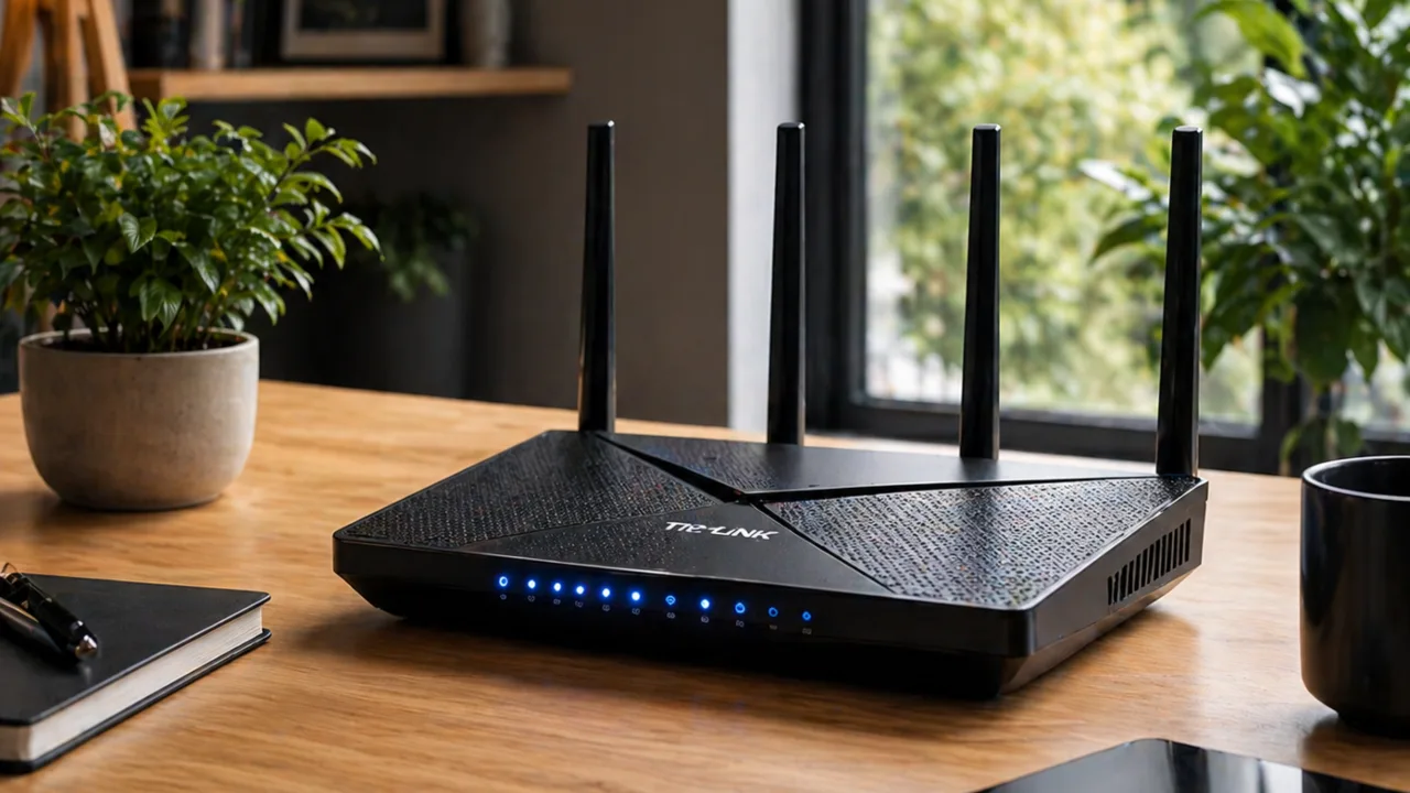 Home Wi-Fi router with status indicator lights.