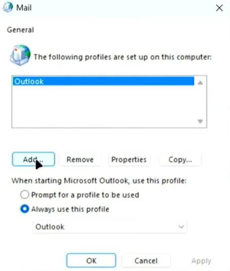 Click this add button to create new outlook profile.
