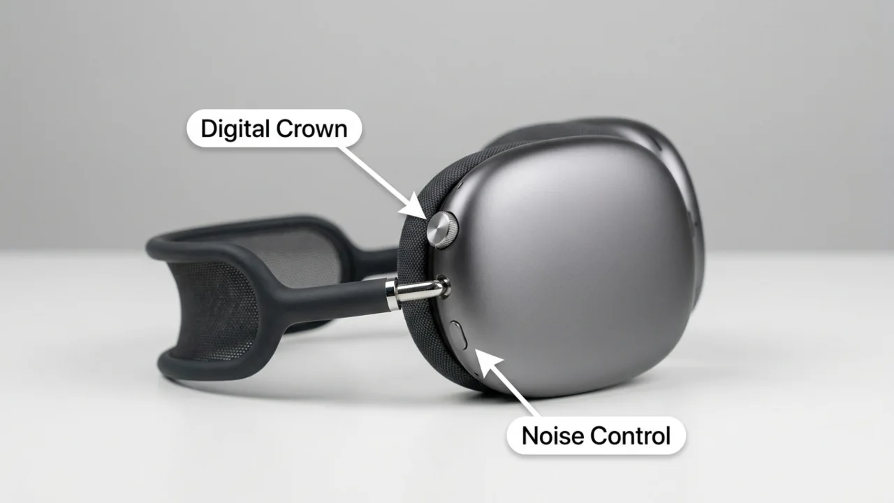 AirPods Max headphones showing the Digital Crown and Noise Control button labeled with arrows on the ear cup.