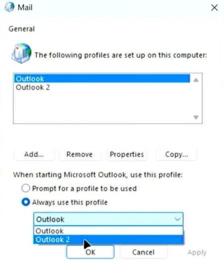 Select always use this profile option and choose created outlook profile.