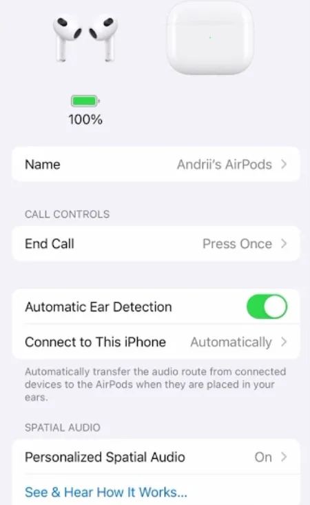 Automatic Ear Detection option shown in AirPods menu on iPhone.
