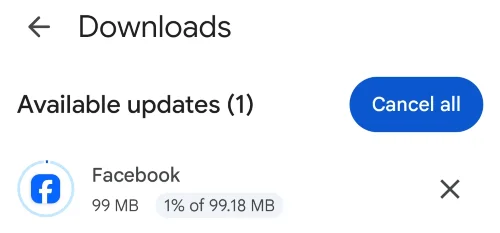 App updates screen in Play Store to cancel competing or pending app downloads.