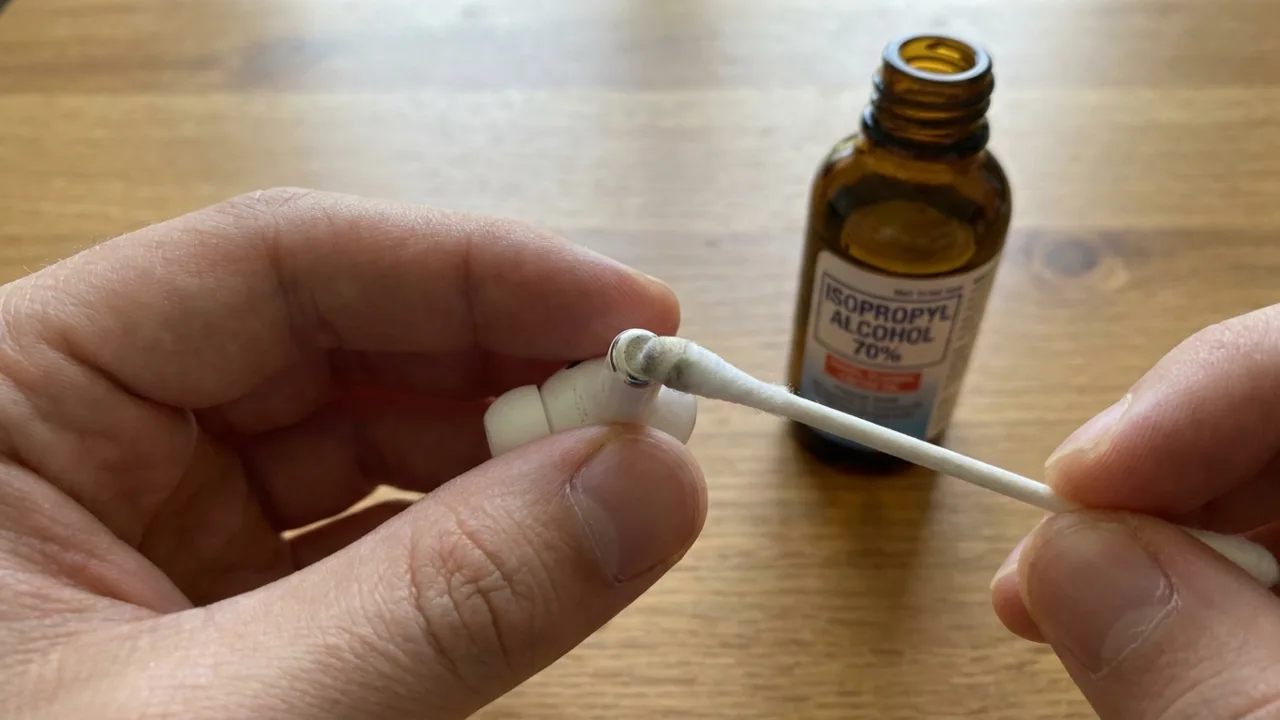 Hand using a cotton swab lightly moistened with isopropyl alcohol to clean the charging contacts on an AirPod stem.